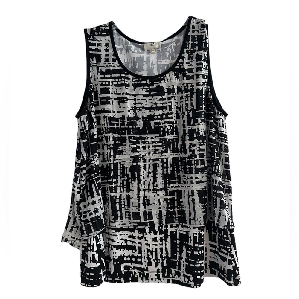 ECI Sleeveless Layered Abstract Stretch Blouse XL Extra Large Black White Top